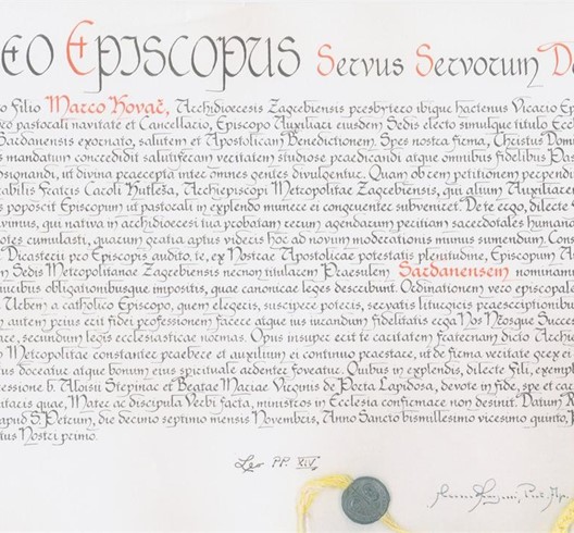 Bula imenovanja mons. Marka Kovača pomoćnim biskupom zagrebačkim